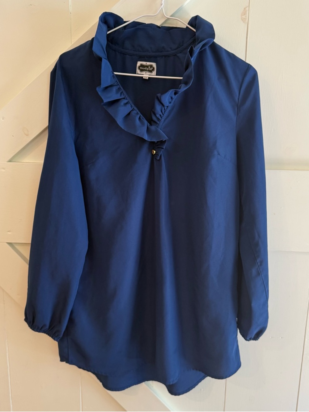 Mud Pie Small Navy Blue Ruffle Neck Tunic‎ Dress Long Sleeve Gold Button Accent